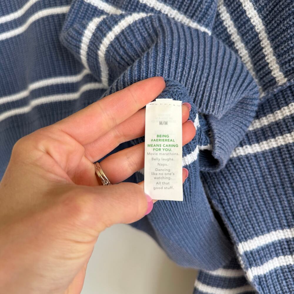 Aerie Beyond Cropped Drop Shoulders Oversized Fit Ribbed Sweater Blue White M - Picture 6 of 8